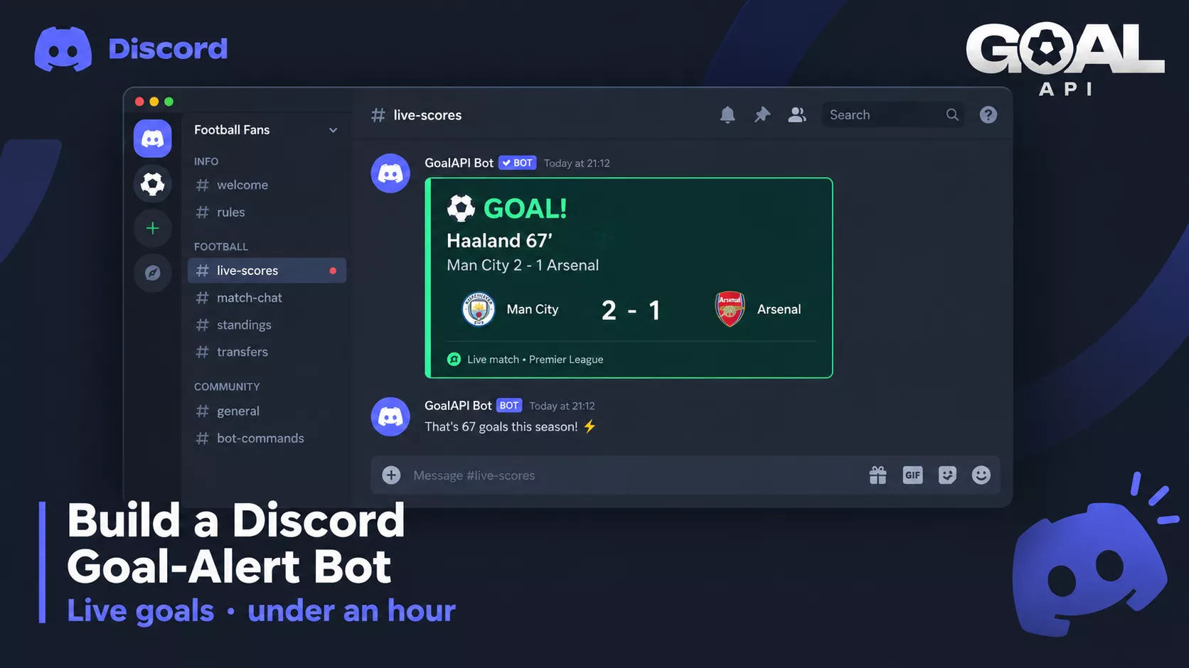 A Discord channel where a GOAL API bot posts a goal alert with the live score — build a Discord goal-alert bot