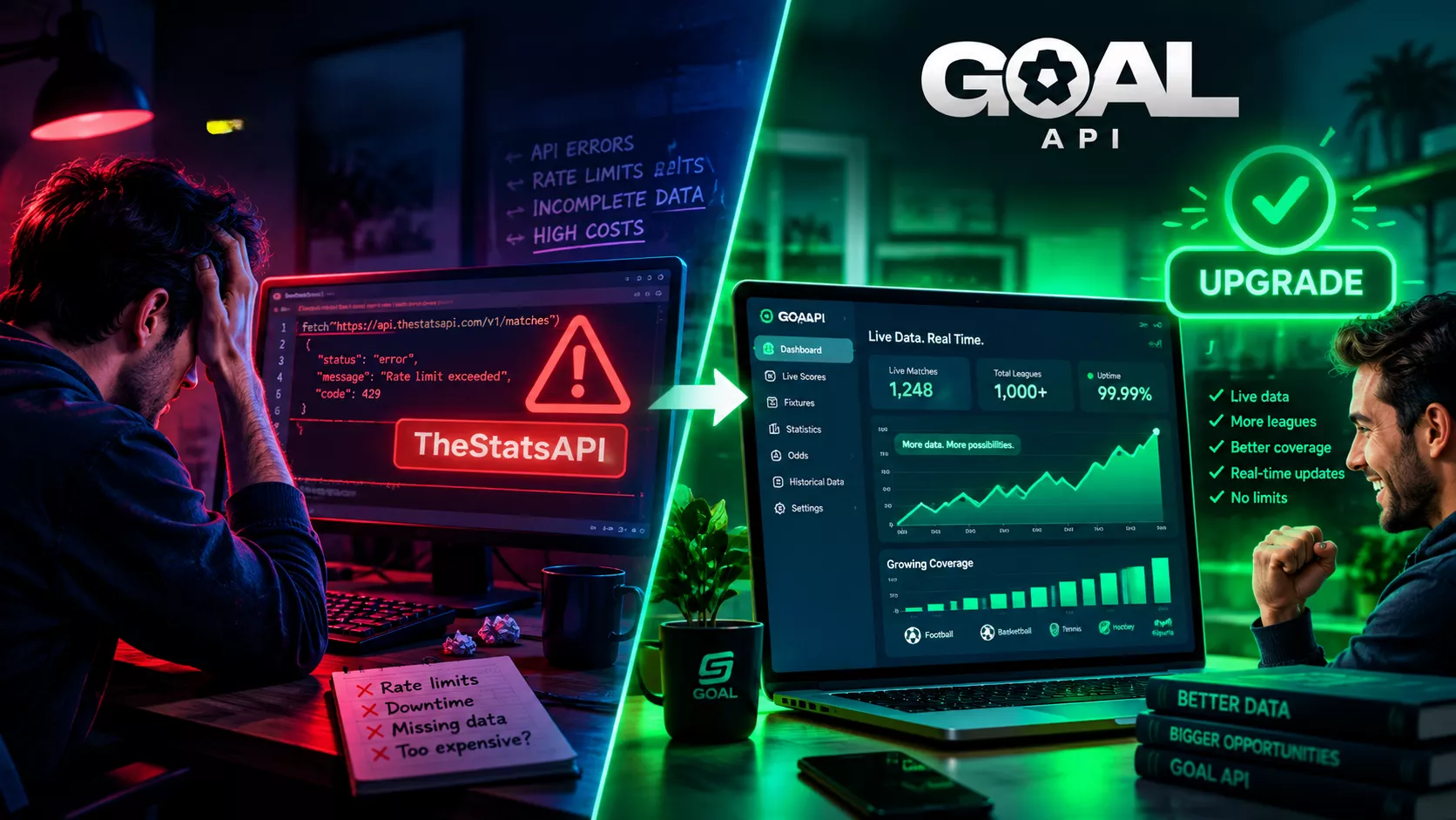 TheStatsAPI alternative 2026: GOAL API compared with TheStatsAPI on league coverage, free tier and WebSocket push