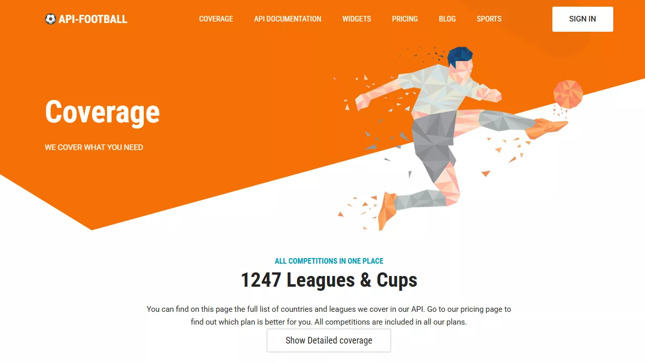 API-Football's coverage page: 1,247 leagues and cups listed in one place